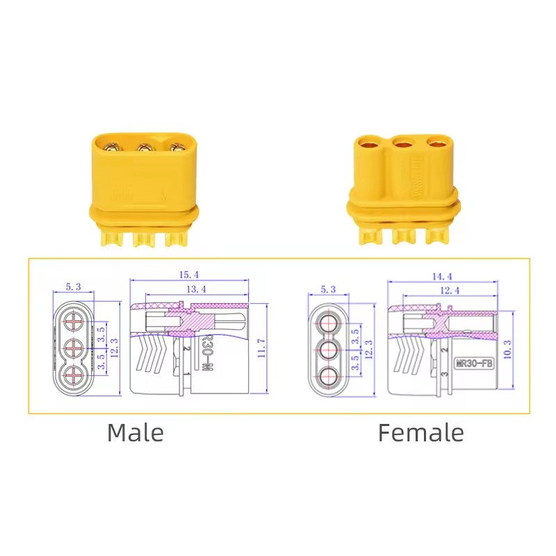 10 Pairs (20 Pieces) MR30 3-Pin 30A Gold Connectors For RC Multirotor Motors & ESCs