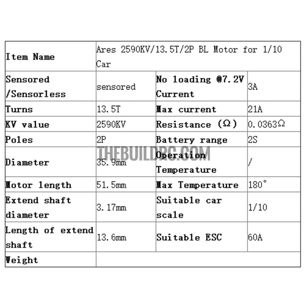 Ares 2590KV/13.5T/2P BL Motor for 1/10 Car