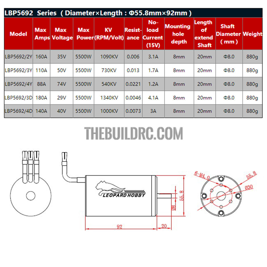 LEOPARD 5692/540KV 4-Poles Inrunner Brushless Motor Red for 1/5 Cars LBP5692/4Y