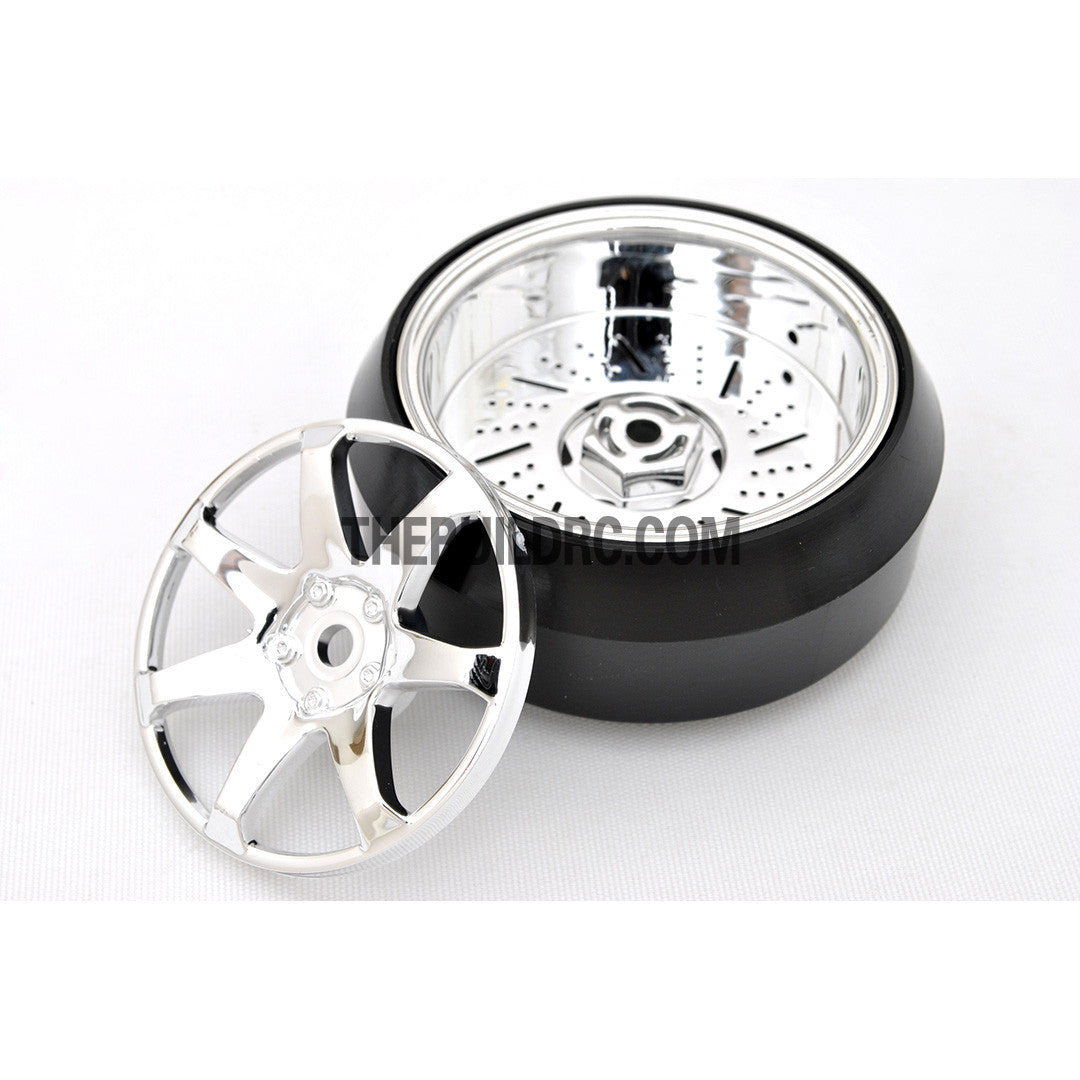 1/10 RC Car 7 Spoke 3mm Offset DRIFT Sporty Wheel with Diamond Irregular Cut DRIFT Tyres / Tires 4pcs - Silver