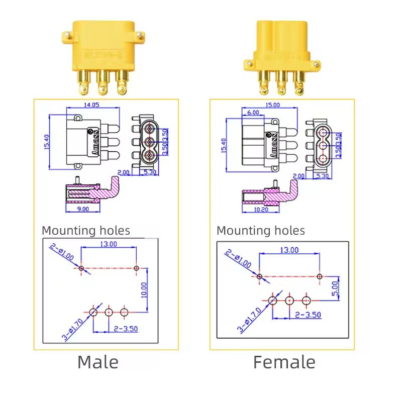Amass MR30PW Male and Female Horizontal Three-core Model Airplane Power High-current Battery Plug Connector (10 sets)