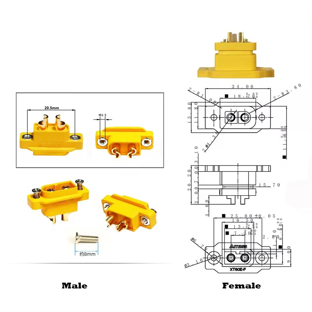 Amass XT60e1-M F XT60e-F XT60 E-F XT60em Male And Female Through Panel XT60 Mountable Screw Mount Pair Housing Connector (10 pcs)