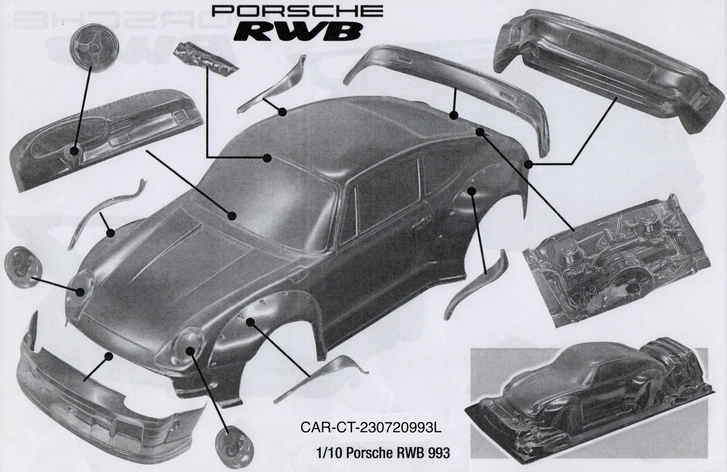 1/10 Lexan Clear RC Car Body Shell for PORSCHE RWB 993   F:195mm, R:205mm
