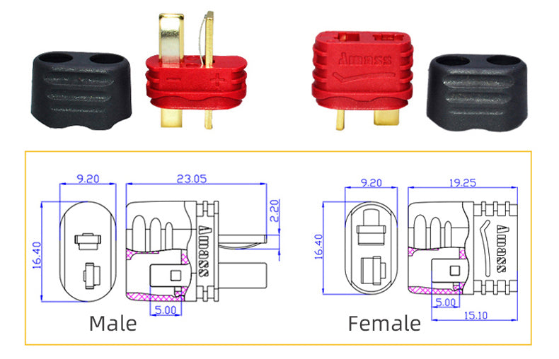 Real Amass AM-1015E T-plug Battery Connector Non-slip Plug with Sheath High Quality High Temperature Resistant Power (20 pcs)