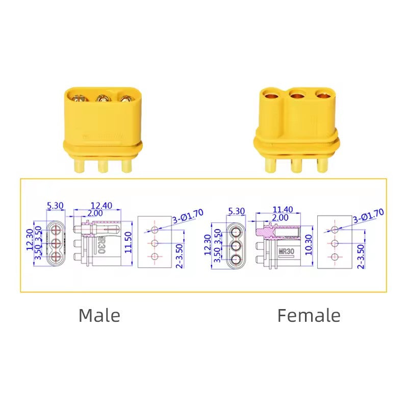 Amass Model Airplane MR30PB Male and Female Motor Electrically Adjusted Three Core PCB Vertical Welding Connector (10 sets)