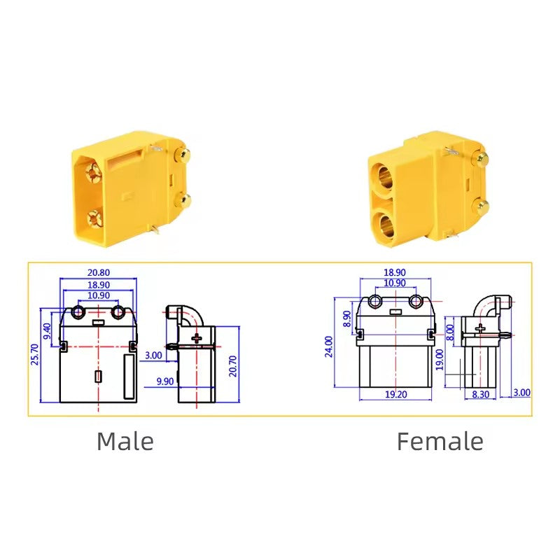Amass XT90PW-M/F Male/Female Horizontal PCB Version High Current Aircraft Model Lithium Battery Connector (3 pairs)