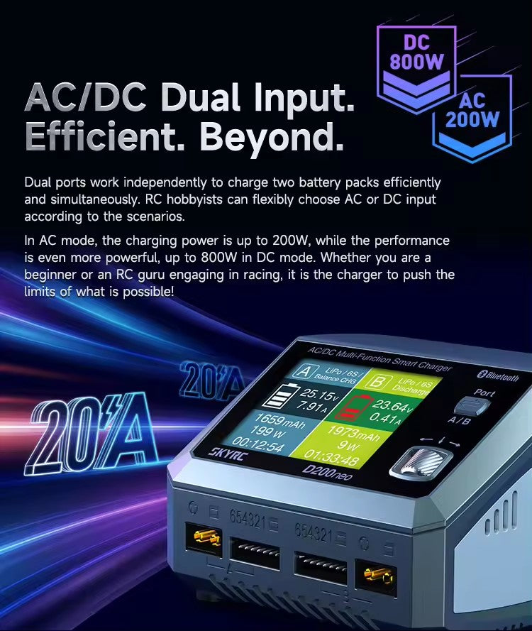 Skyrc Q200 neo AC/DC Dual Input DC 800W AC 200W USB-C Power delivery for fast lithium battery charger