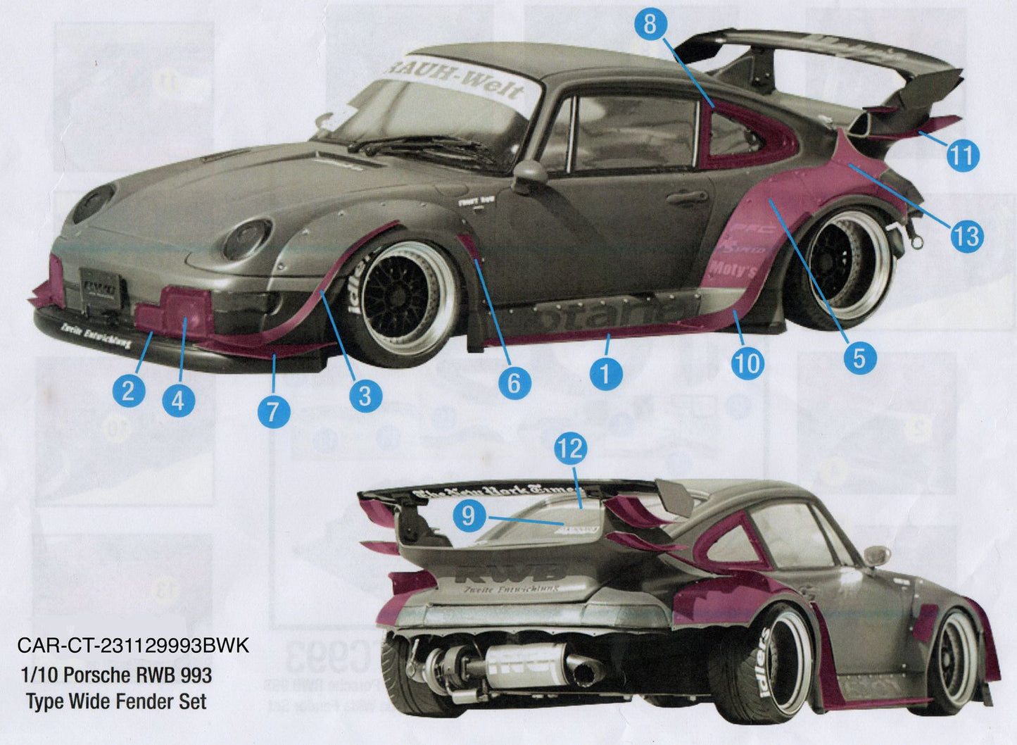 1/10 Lexan Clear RC Car Body Shell for PORSCHE RWB 993 Body Wide Kit Clear Lexan