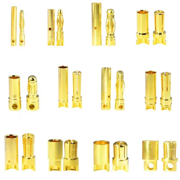 Factory Wholesale Amass 2.0/3.0/3.5/4.0/5.0/5.5/6.0/6.5/8.0mm 24K Real Gold Full Series Banana Head Gold Bullet Banana Connector (20 sets)