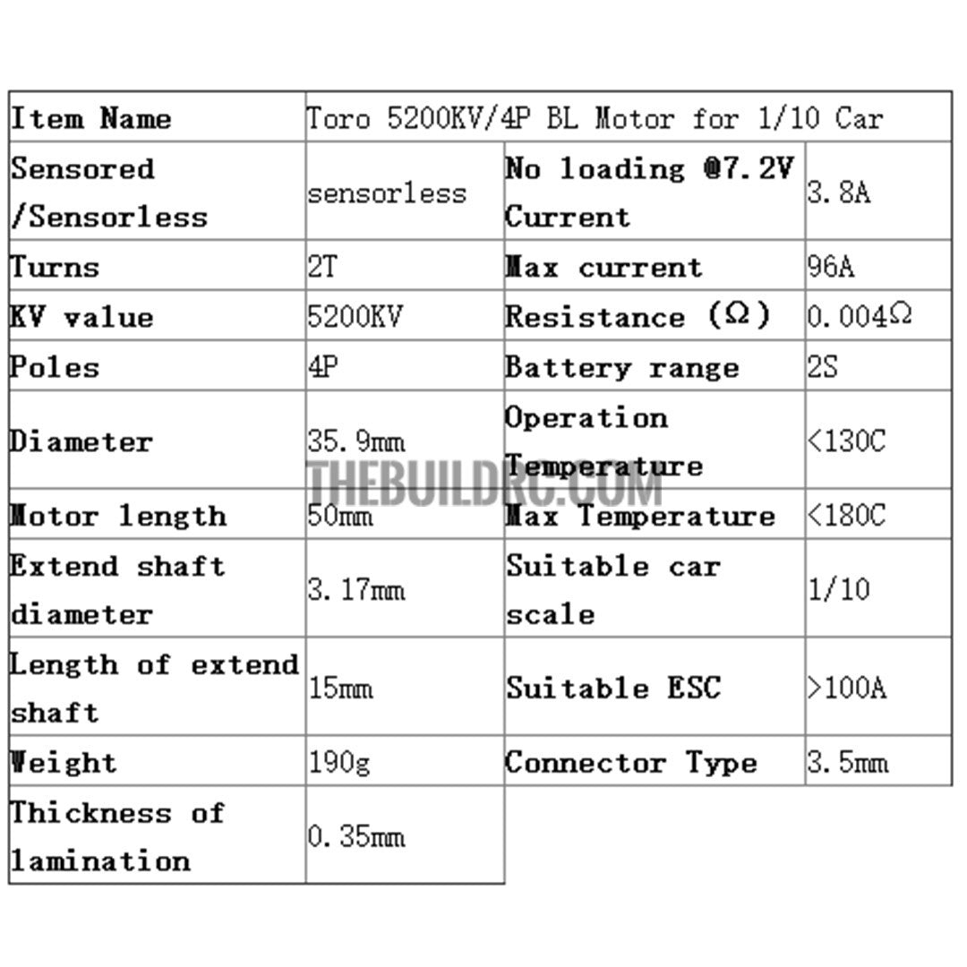 Toro 5200KV/4P BL Motor for 1/10 Car