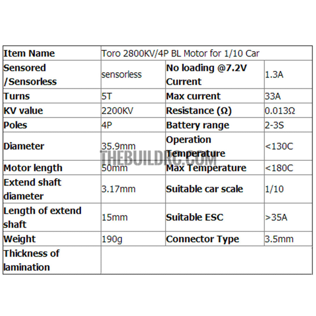 Toro 2800KV/4P BL Motor for 1/10 Car