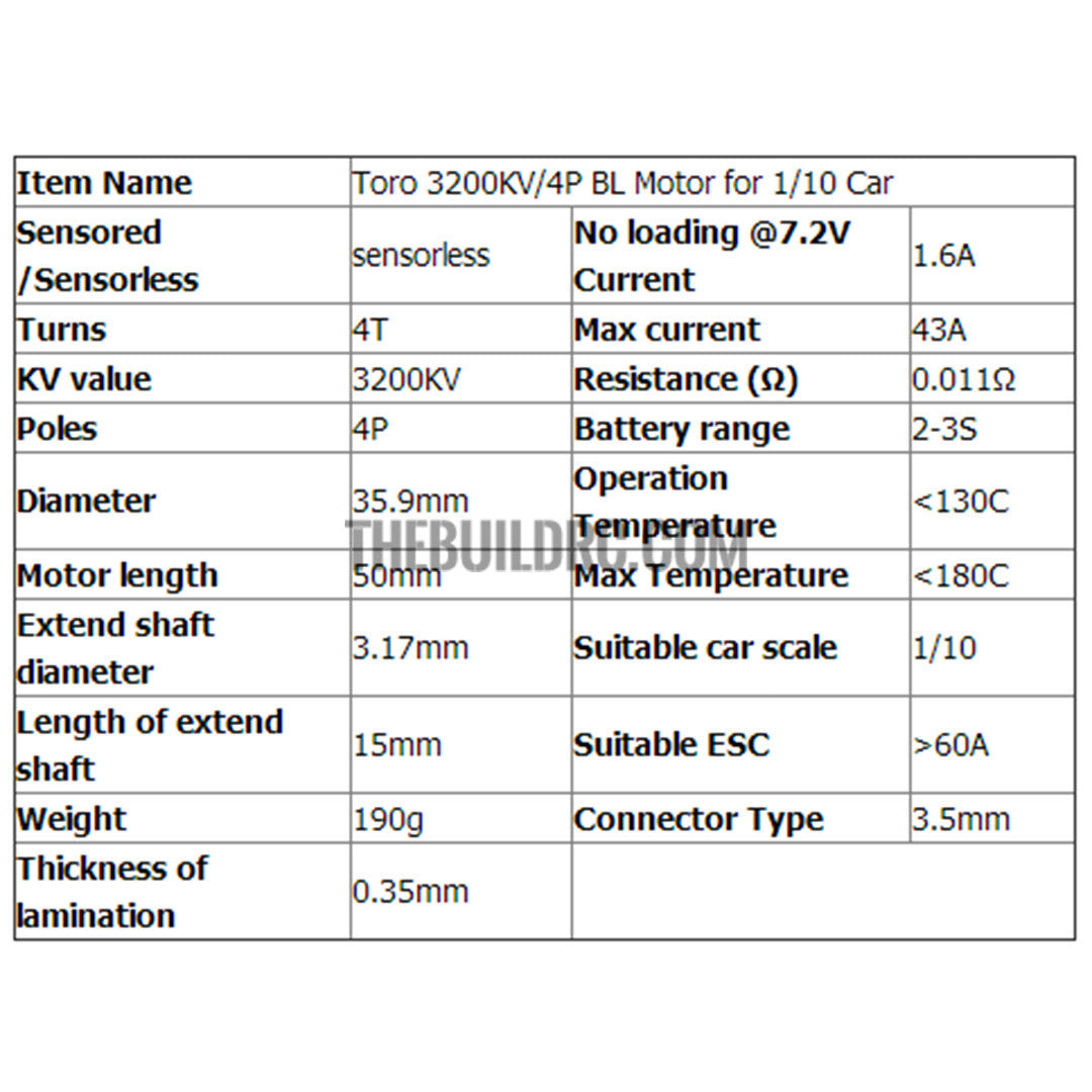 Toro 3200KV/4P BL Motor for 1/10 Car