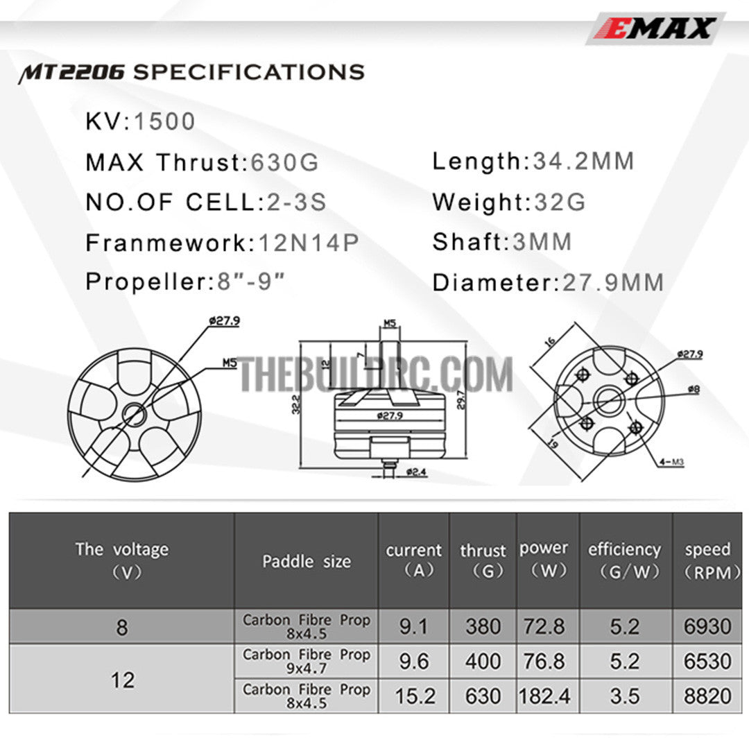 Emax MT2206 1500KV CCW Thread Brushless Motor For 250 Quadcopter - black cap