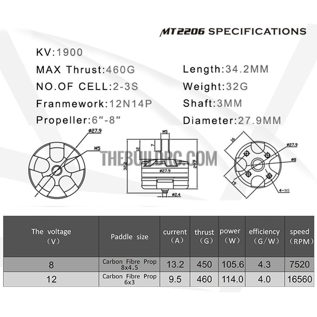 Emax MT2206 1900KV CCW Thread Brushless Motor For 250 Quadcopter - black cap