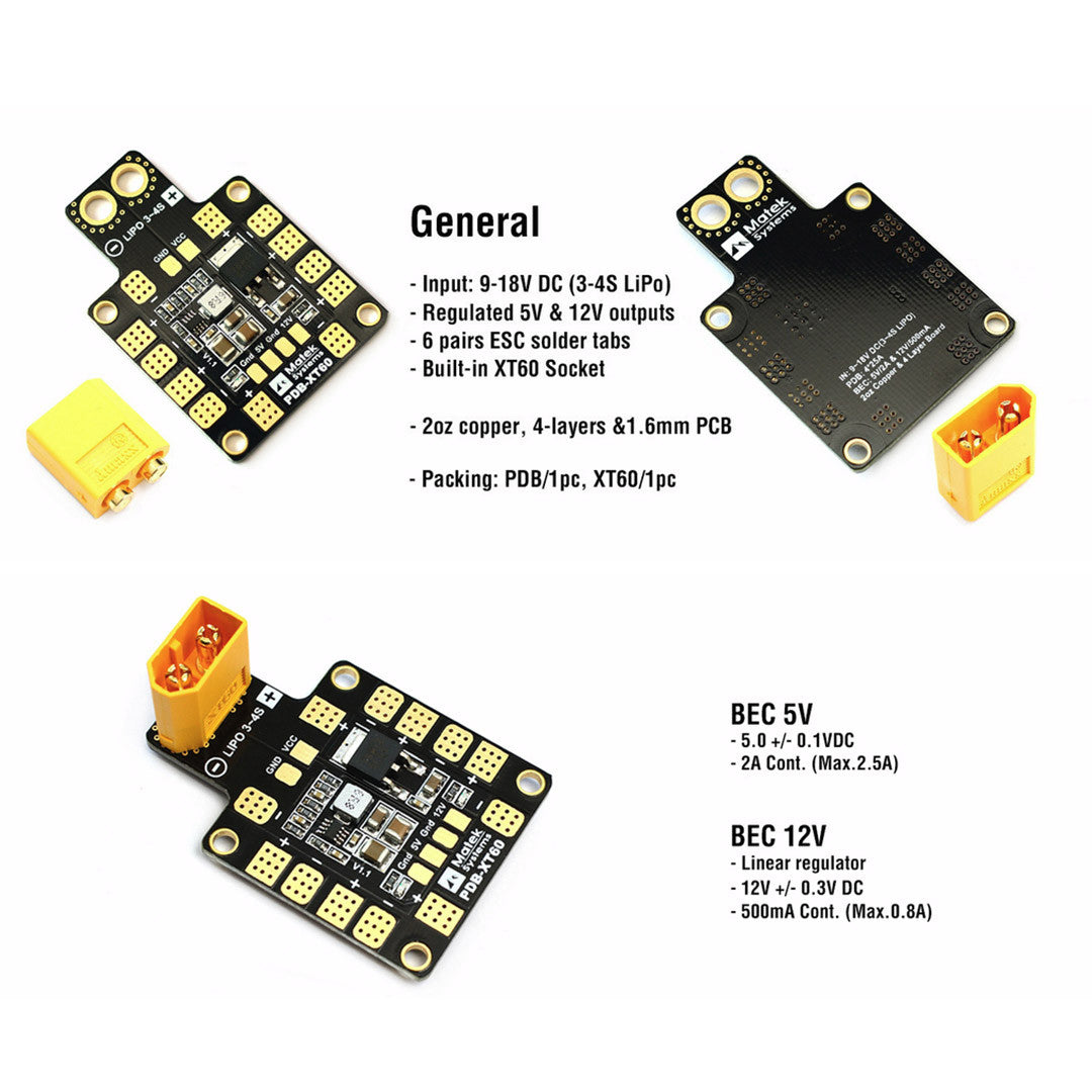 Matek Systems PDB XT60 with BEC 5V & 12V 2oz Copper For RC Quadcopter drone