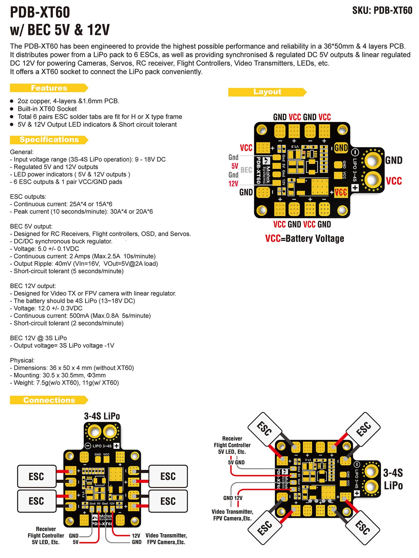 Matek Systems PDB XT60 with BEC 5V & 12V 2oz Copper For RC Quadcopter drone