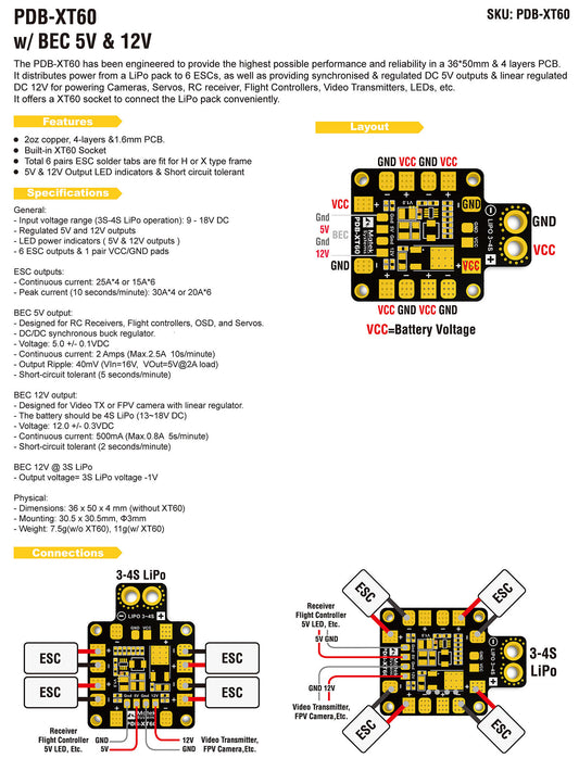 Matek Systems PDB XT60 with BEC 5V & 12V 2oz Copper For RC Quadcopter drone