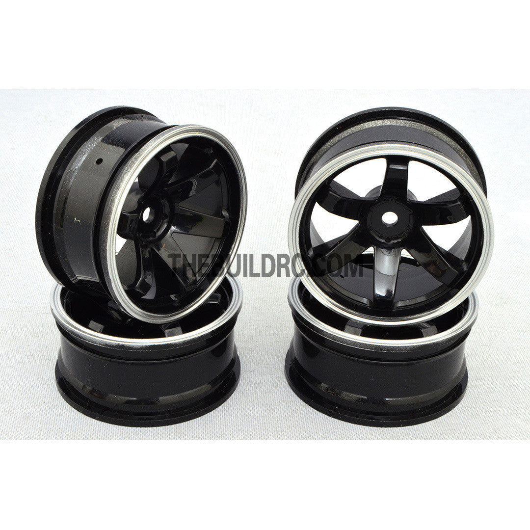 1/10 RC Car 6 Spoke 6mm Offset Drift 26mm Wheel Rim Set - Silver / Black