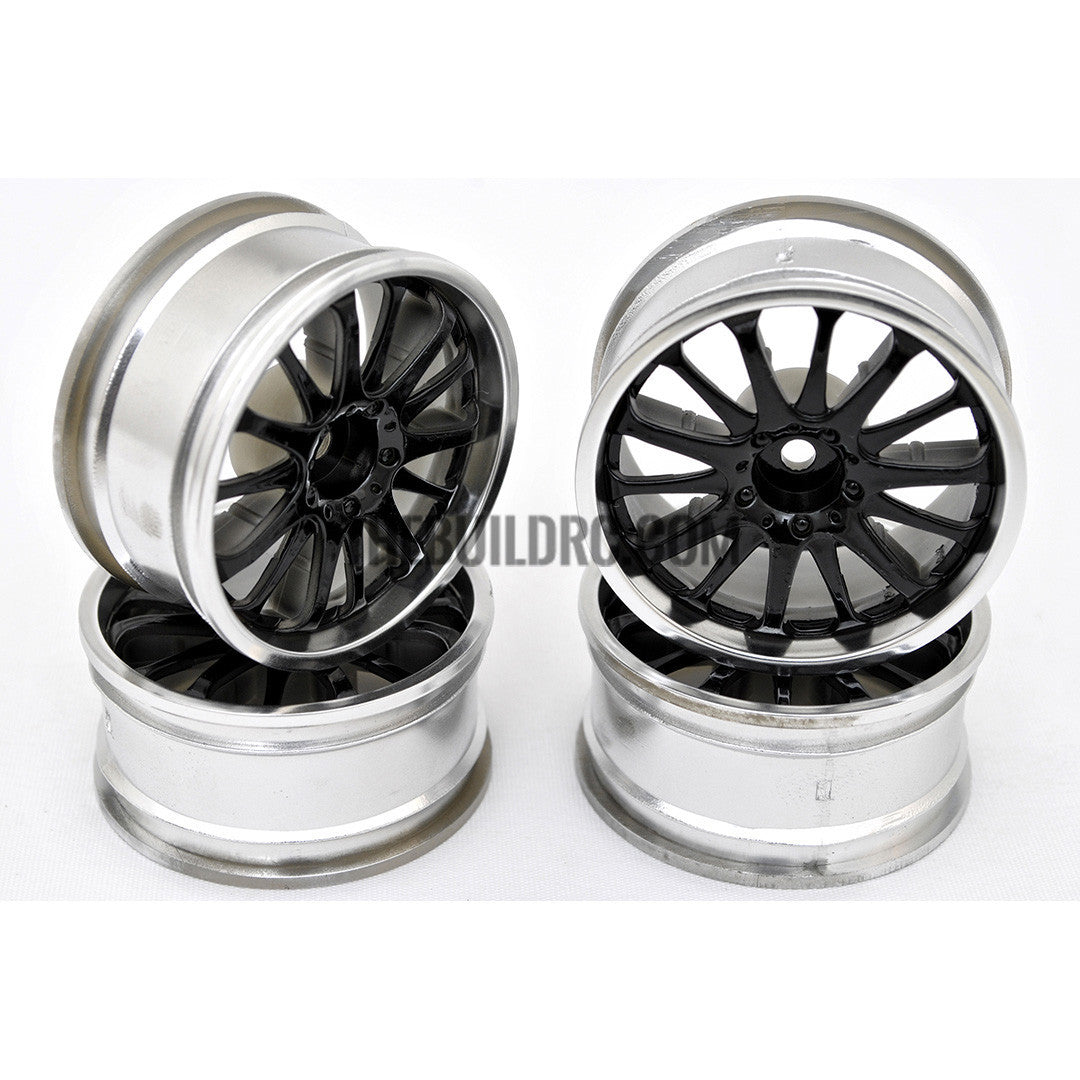 1/10 RC Car 14 Spoke 3mm Offset Drift 26mm Wheel Rim Set - Black / Silver