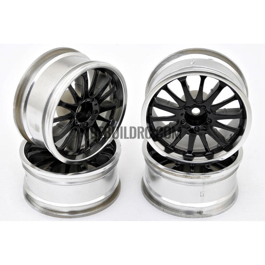 1/10 RC Car 14 Spoke 3mm Offset Drift 26mm Wheel Rim Set - Black / Silver