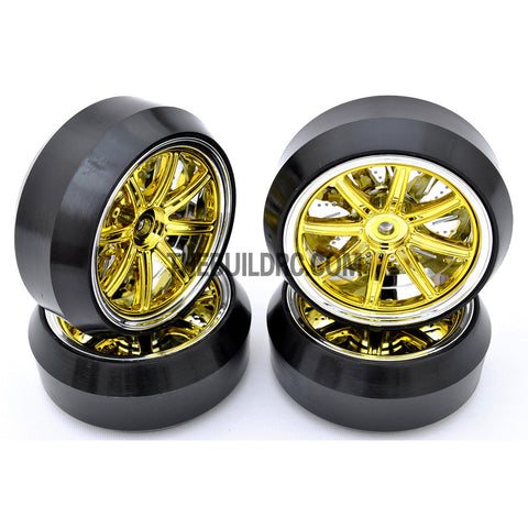 1/10 RC Car 12 Spoke 3mm Offset DRIFT Sporty Wheel with Diamond Irregular Cut DRIFT Tyres / Tires 4pcs - Gold