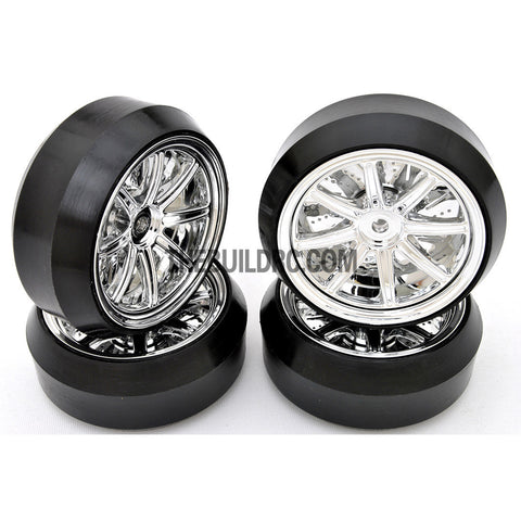 1/10 RC Car 12 Spoke 3mm Offset DRIFT Sporty Wheel with Diamond Irregular Cut DRIFT Tyres / Tires 4pcs - Silver