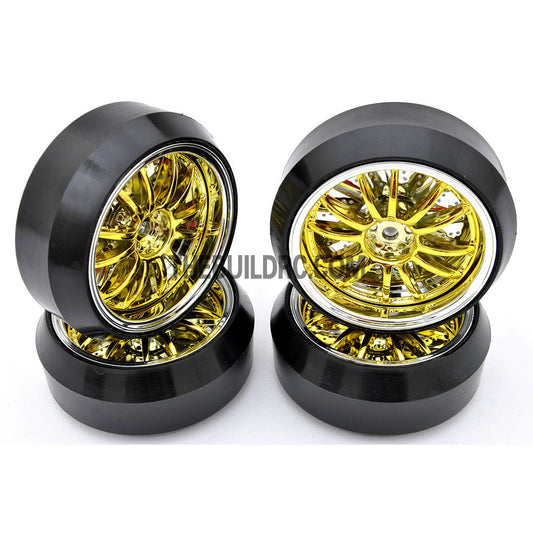 1/10 RC Car 12 Spoke 3mm Offset DRIFT Sporty Wheel with Diamond Irregular Cut DRIFT Tyres / Tires 4pcs - Gold