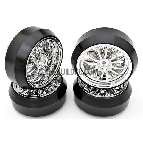 1/10 RC Car 12 Spoke 3mm Offset DRIFT Sporty Wheel with Diamond Irregular Cut DRIFT Tyres / Tires 4pcs - Silver