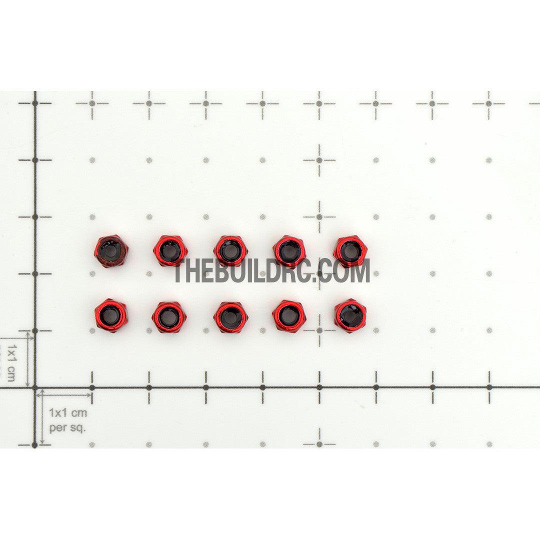 1/18 RC Car 3mm Alloy Wheel Rim Hex Lock Nut 10pcs - Red